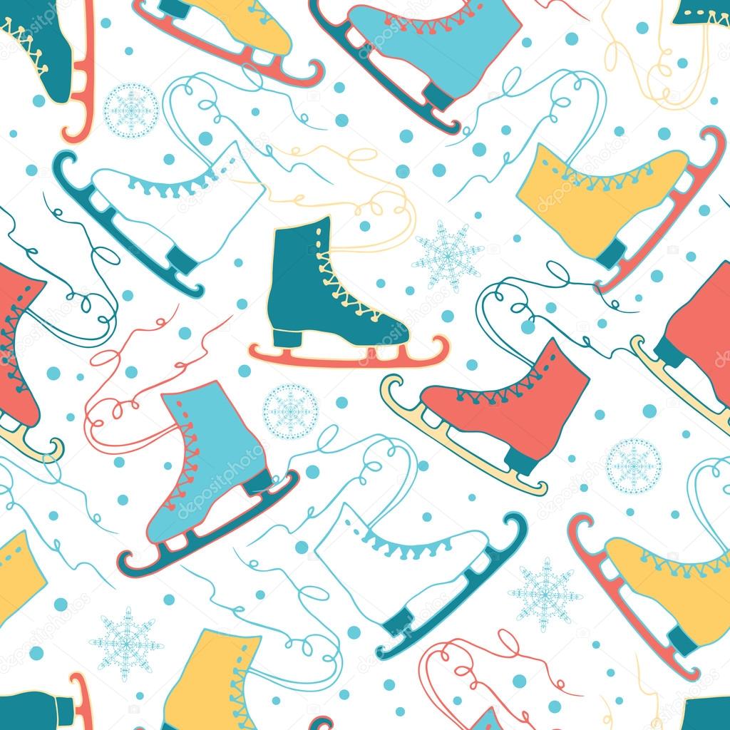 Ice skates seamless patterns with snowflakes and snow background.
