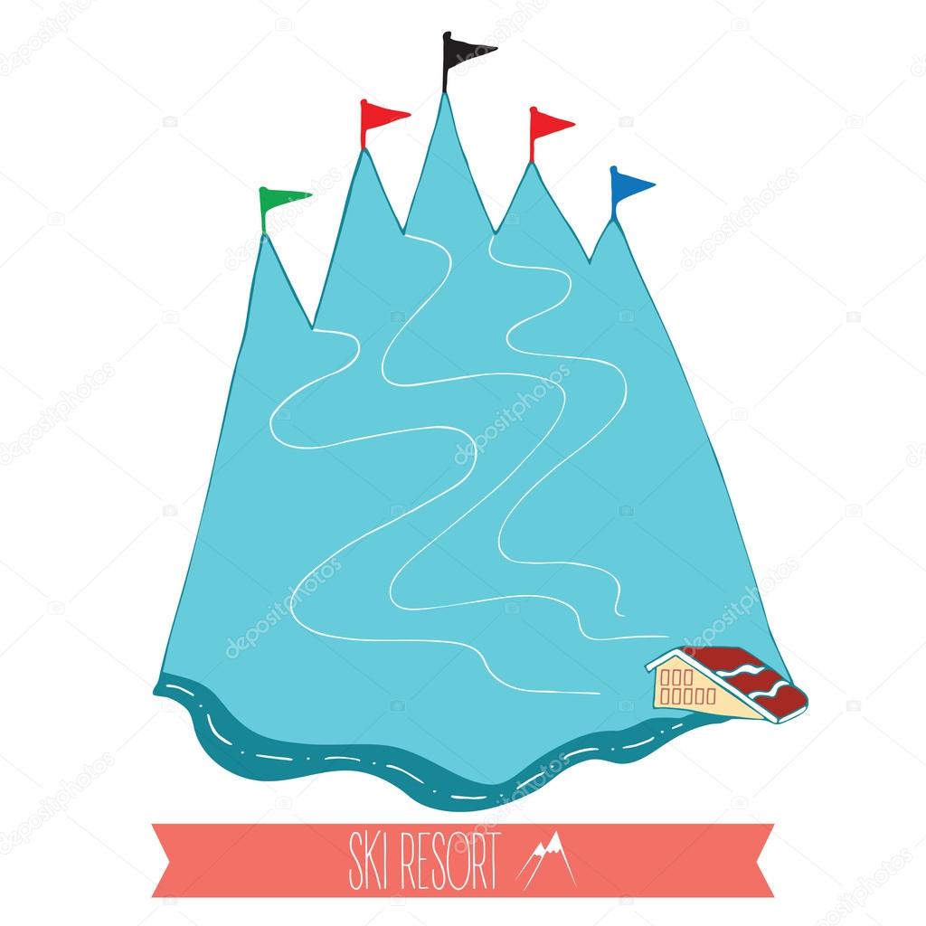Mountain with ski slope and mark. Vector illustration with ski resort.