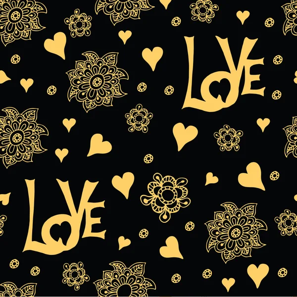 Gold floral hand drawn seamless pattern made on the black background. — Stock Vector