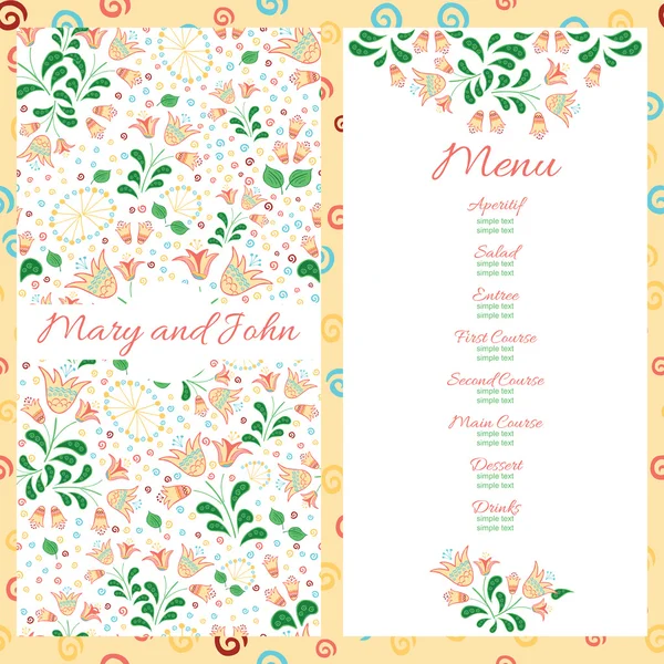 Bruiloft menu ontwerp met hand getrokken bloemen. Helder ontwerp voor restaurant. — Stockvector