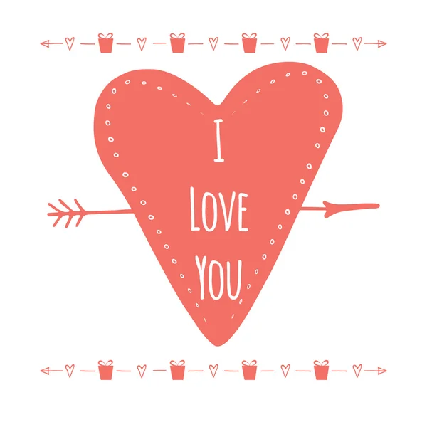 Saint Valentines dag wenskaart. Ik hou van jou. Typografische banner met tekst, pijl en geschenk dozen op witte achtergrond. Vector handgetekende badge. — Stockvector