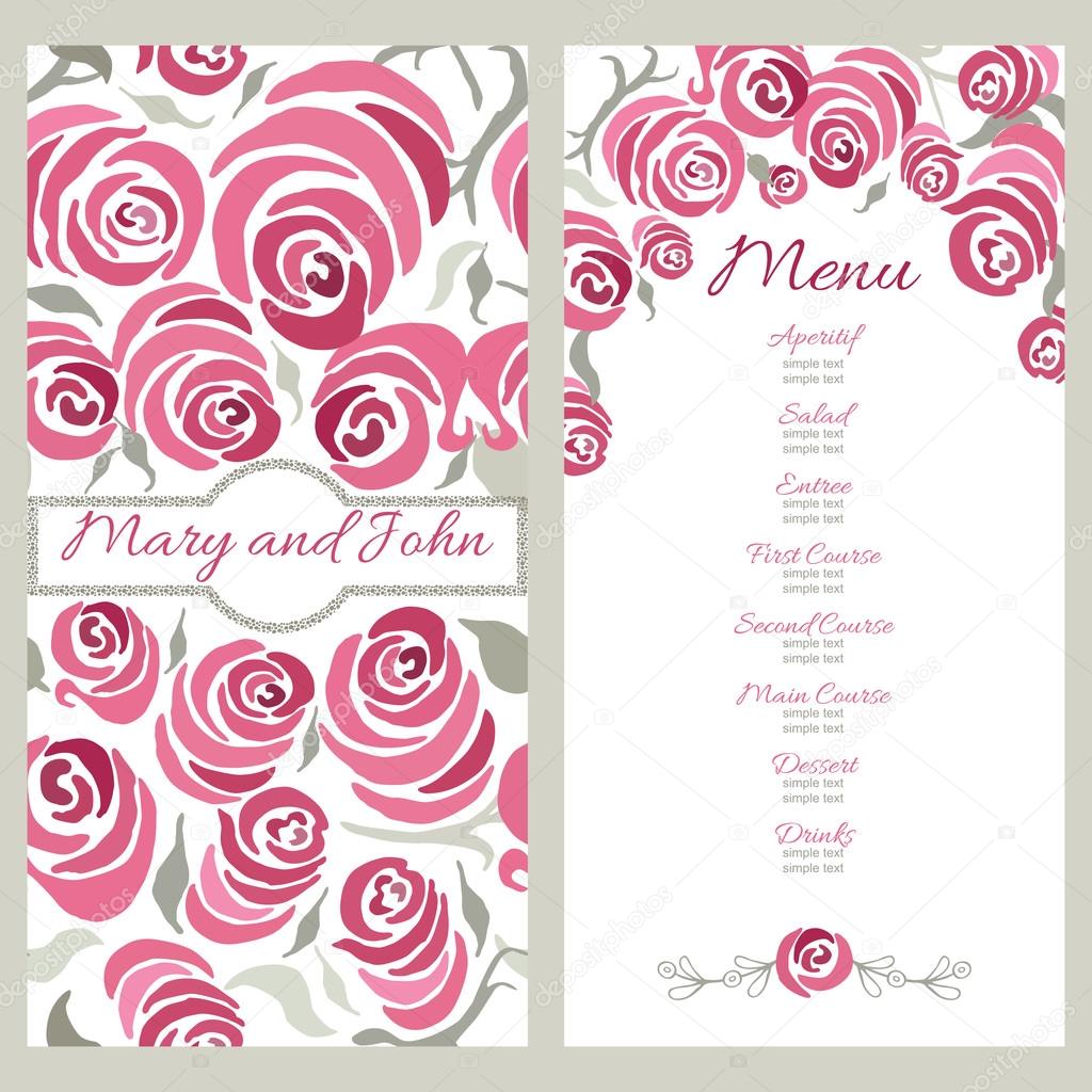 Wedding menu design with hand painted roses. Decorative cards with pink romantic flowers. Elegant design for restaurant menu.
