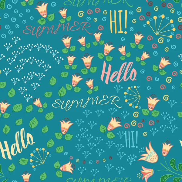 Nahtloses Sommermuster mit handgezeichneten Wiesenblumen, Blatt und Worten hallo, hallo, sommerauf blauem Hintergrund. Buchstabenillustration. Handgemachtes Kritzelpapier zum Wrappen. — Stockvektor