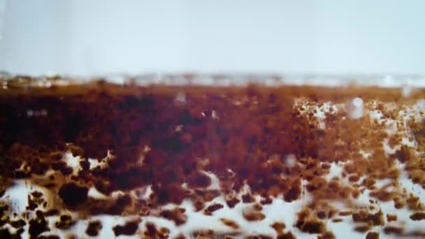 Close-up of instant coffee being poured into a glass of hot water — Stock Video