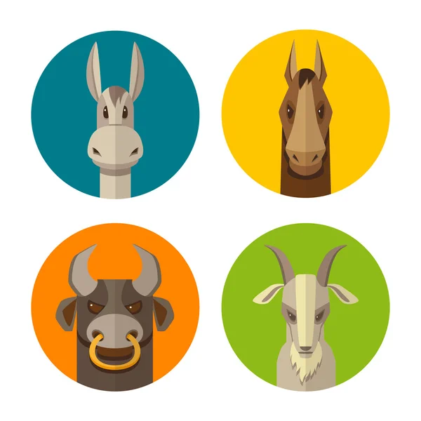 Boerderij dieren ezel, paard, stier, geit plat ontwerp pictogram vector — Stockvector