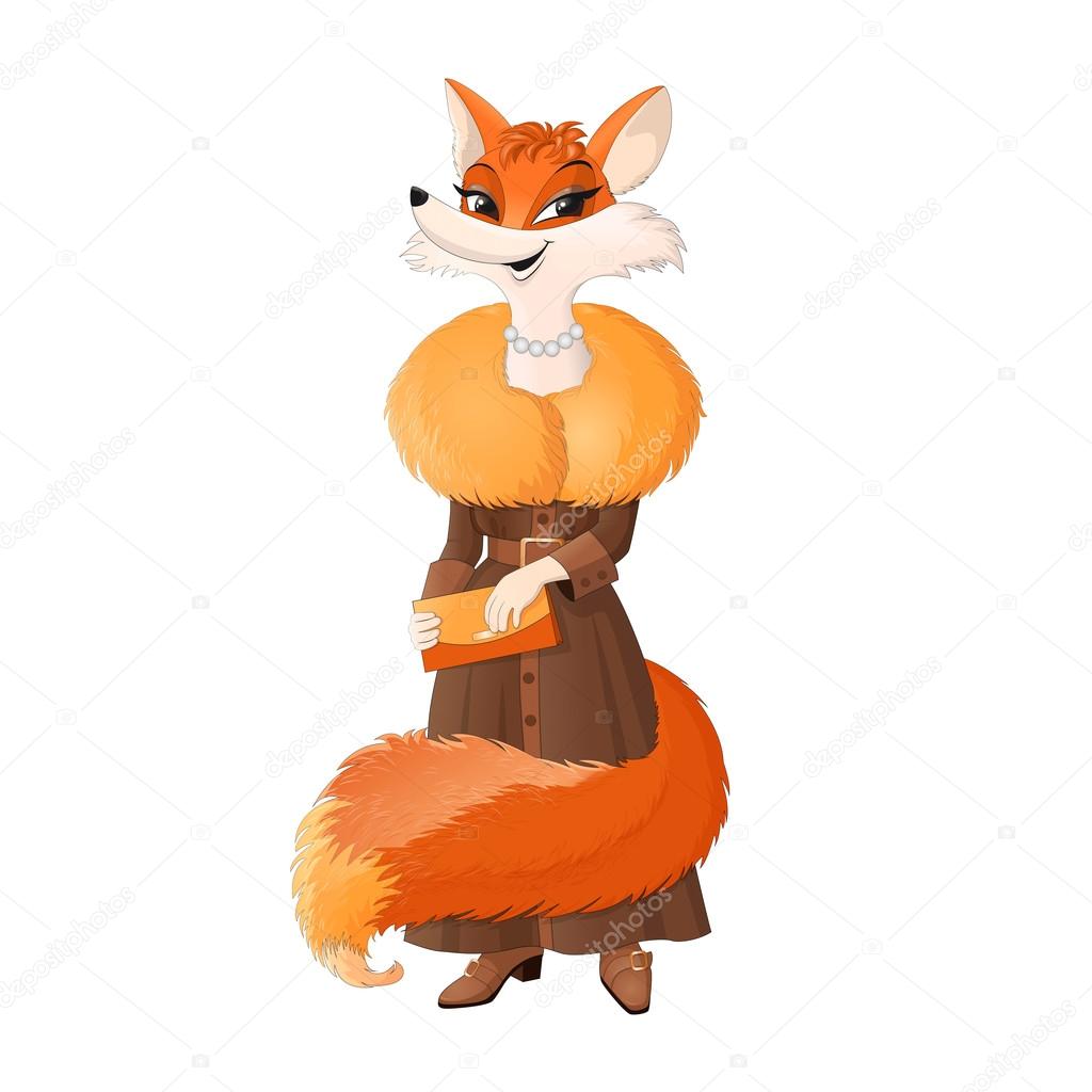 Cartoon character of elegant fox with chic handbag 