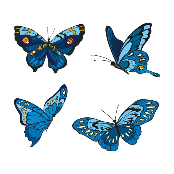 Mariposas azules dibujadas a mano sobre fondo blanco — Archivo Imágenes Vectoriales