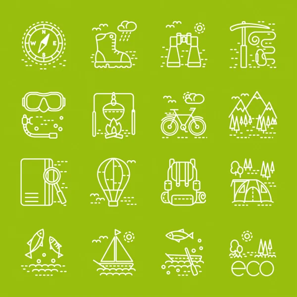 Eco tourism icons set on green background — Stock Vector