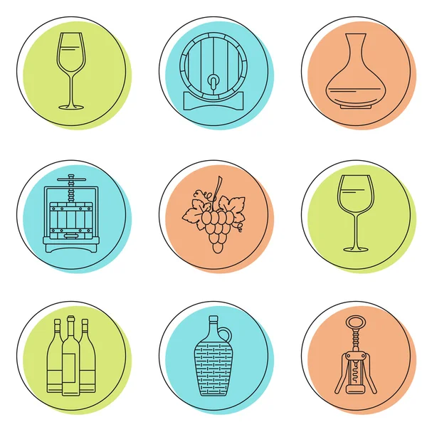Colección de iconos vinícolas estilo línea en círculos de colores — Vector de stock
