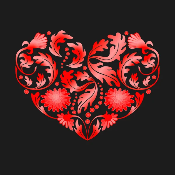 Corazón floral rojo sobre fondo negro, ilustración vectorial — Archivo Imágenes Vectoriales