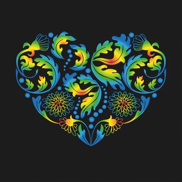 Coração floral multicolorido em fundo preto — Vetor de Stock