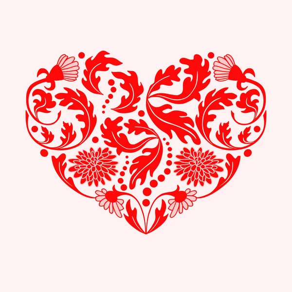 Corazón floral rojo sobre fondo blanco, ilustración vectorial — Vector de stock