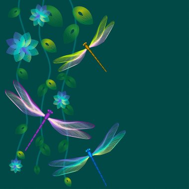 Card with dragonflies on dark green background clipart