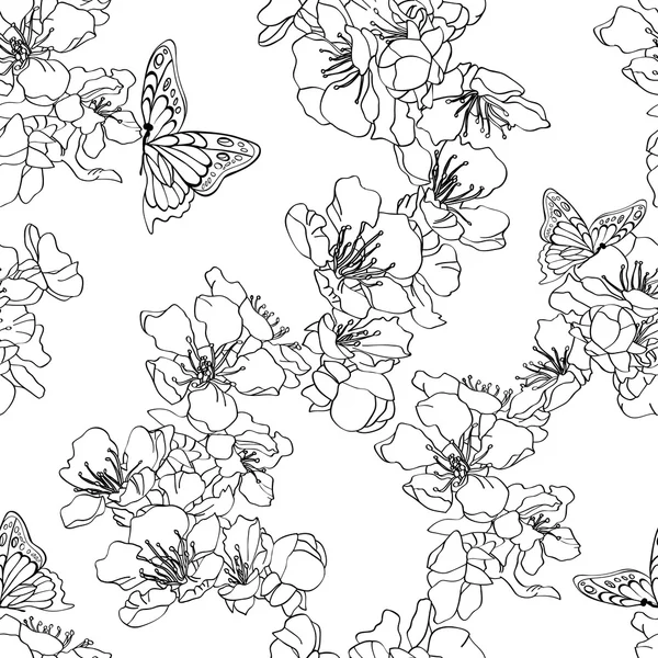 De naadloze achtergrond zwart-wit, zwart en wit met vlinders — Stockvector