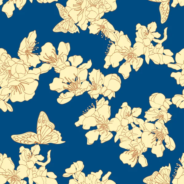 Seamless background with butterflies and blossom apricot on blue — Stock Vector