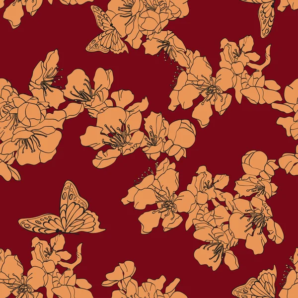 Fondo sin costuras con mariposas y albaricoque de flor en maro — Vector de stock