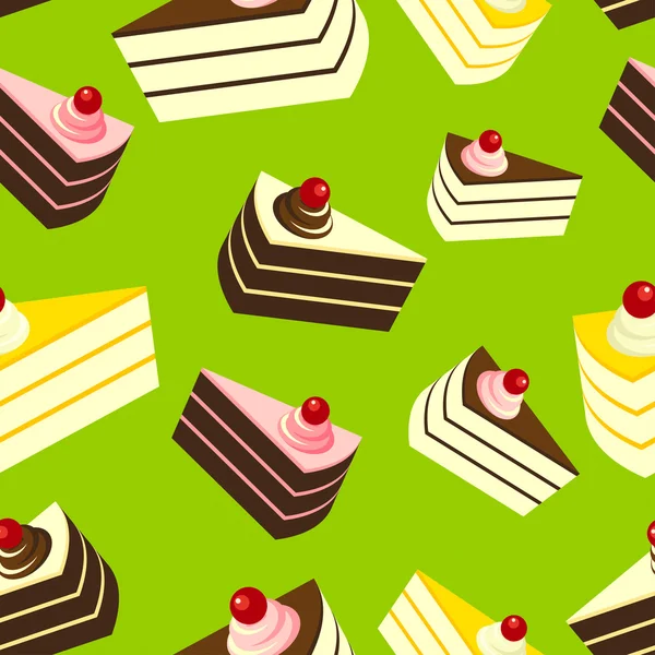 Deliziose torte su sfondo verde, modello senza soluzione di continuità . — Vettoriale Stock