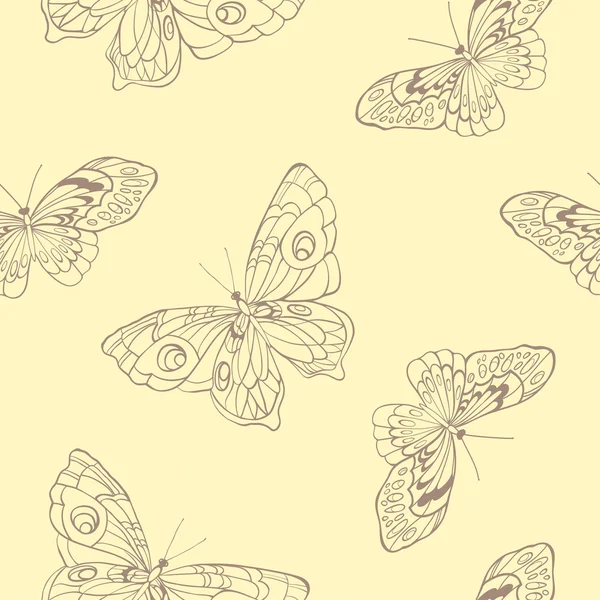 Sömlös bakgrund med fjärilar på beige bakgrund — Stock vektor