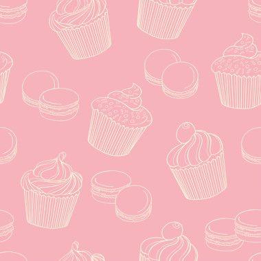İle macaroons pembe arka plan, kesintisiz p leziz cupcakes