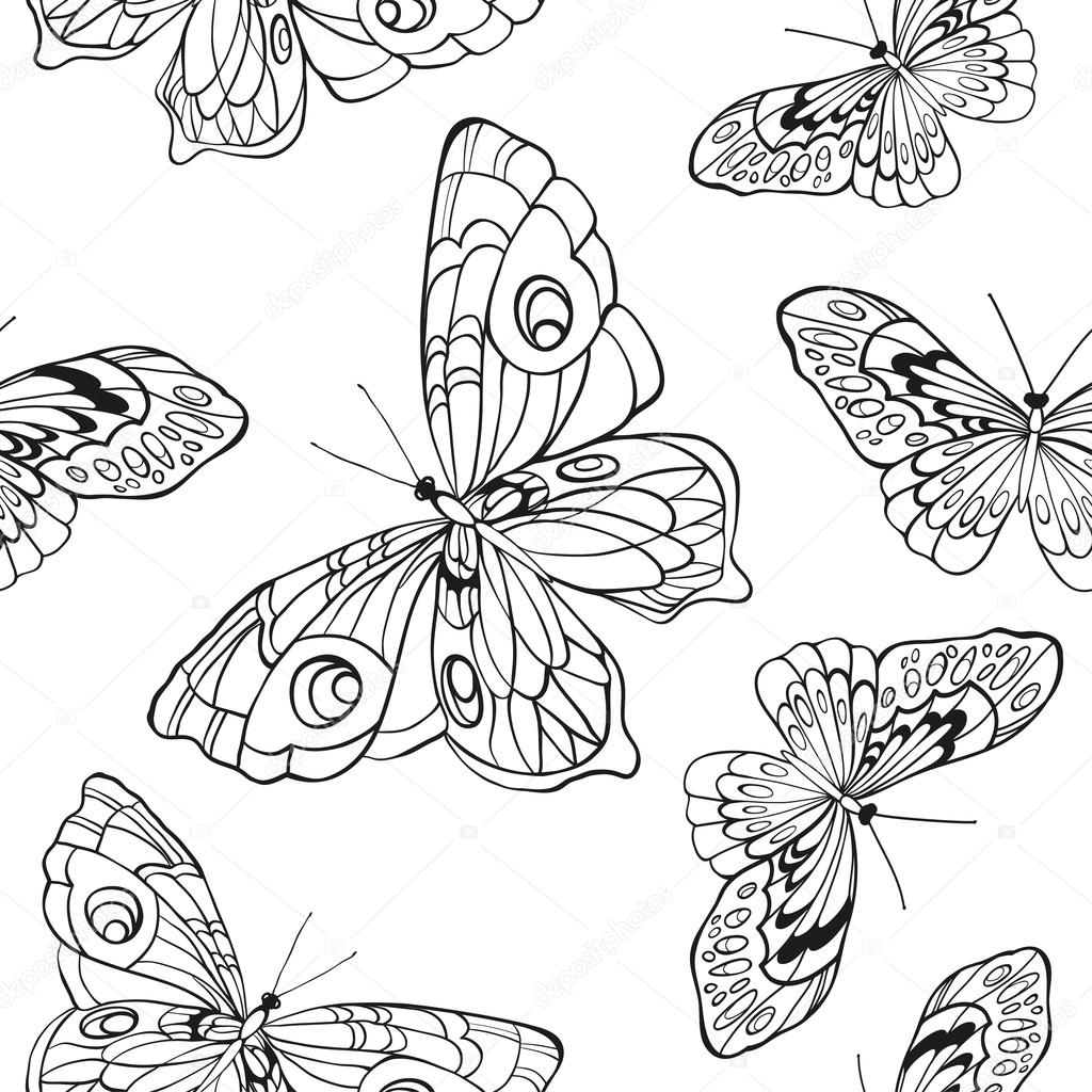 Seamless background with butterflies on white background