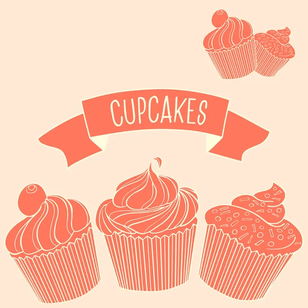 Cupcakes roses monochromes dessinés à la main . — Image vectorielle