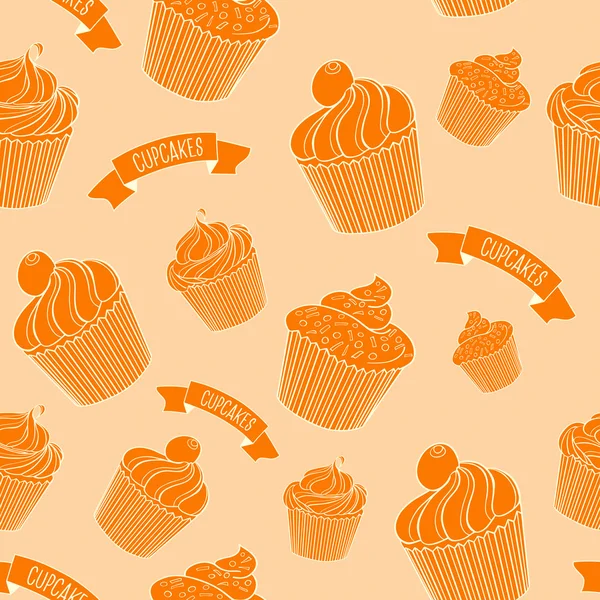 Cupcakes sobre fondo beige, patrón sin costuras . — Archivo Imágenes Vectoriales