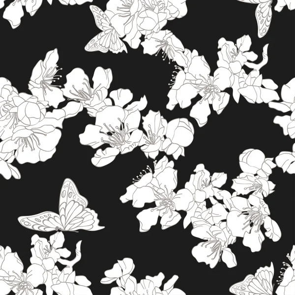 Monochrome, black and white seamless background with butterflies — Stock Vector