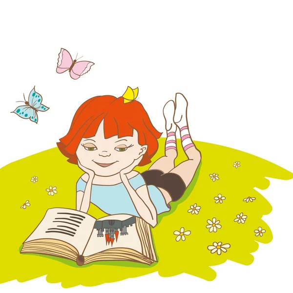 Little girl is reading a fairytale on a meadow — Stock Vector