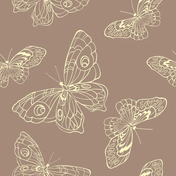 Fondo sin costuras con mariposas sobre fondo beige — Vector de stock