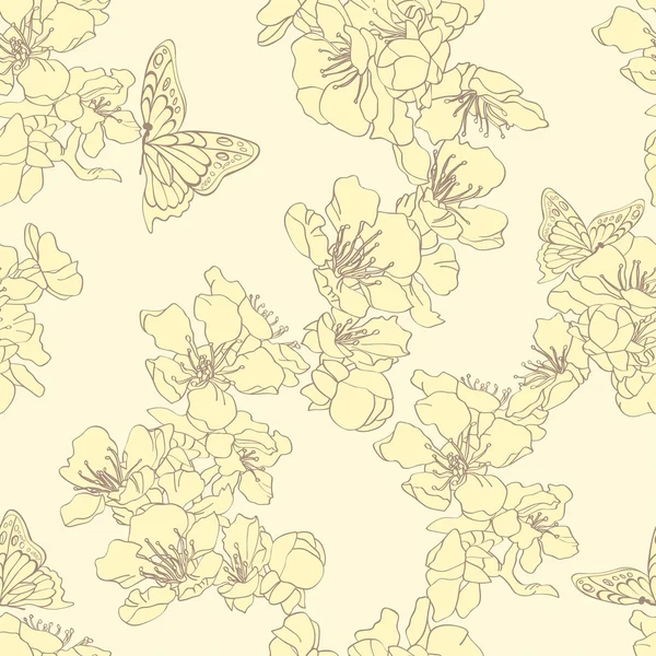 Fondo sin costuras con mariposas y albaricoque en flor — Vector de stock