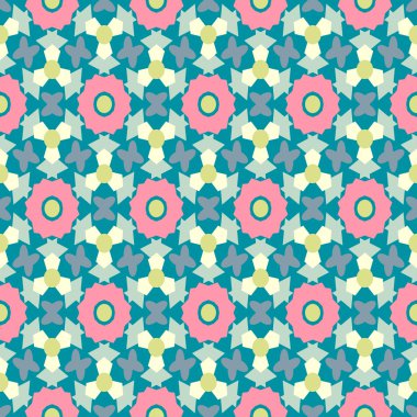 Abstract geometric seamless pattern with pink flowers