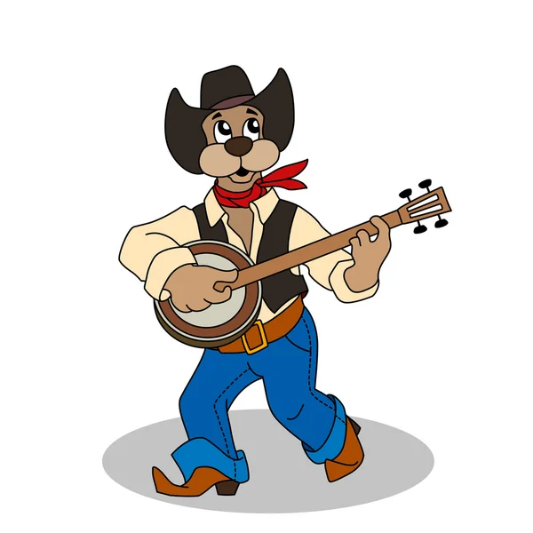 Komik köpek mavi kot pantolon ve şapka banjo çalış
