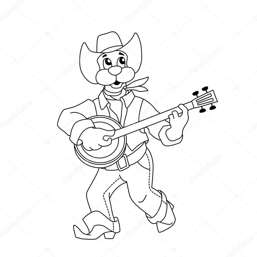 Funny dog in blue jeans and hat plays banjo