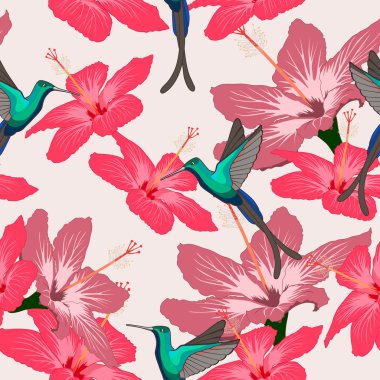 Hibiscus çiçek ve ışık üzerinde sinek kuşu ile Seamless Modeli 