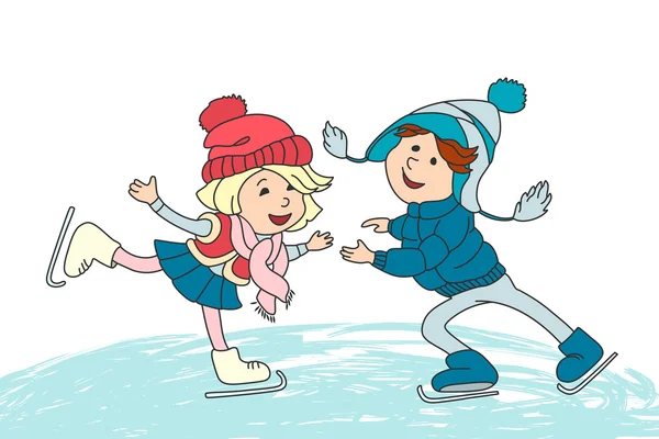 Jungen und Mädchen beim Eislaufen — Stockvektor