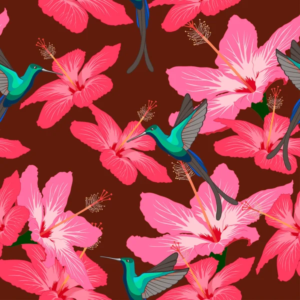 Seamless pattern with hibiscus flowers and hummingbird on maroon — Stock Vector