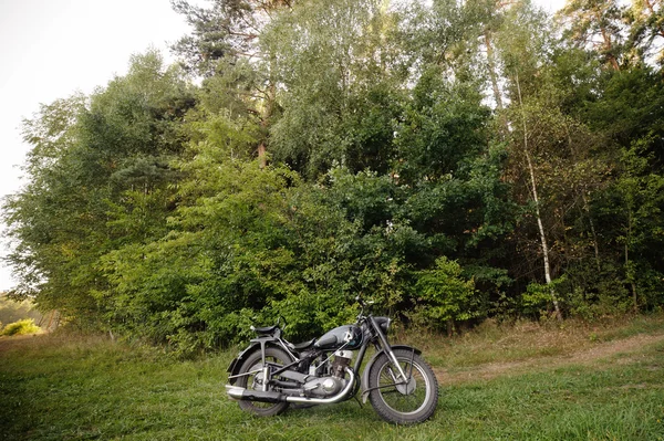 La motocicleta histórica en el fondo del bosque —  Fotos de Stock