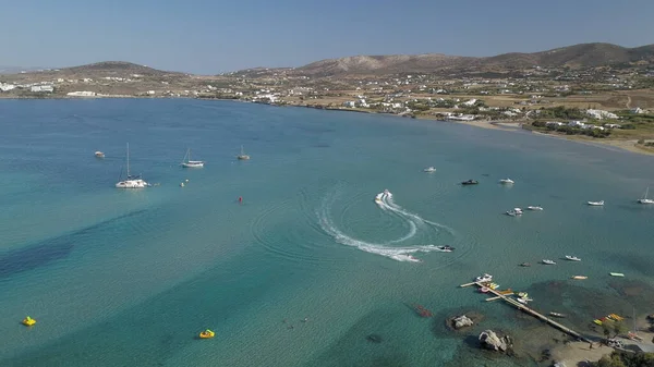 Aerial drone of sand beach sea water Paros island Cyclades, Grecja — Zdjęcie stockowe