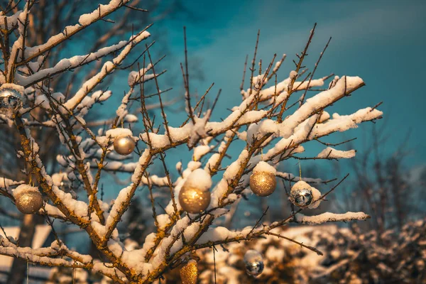 Χριστουγεννιάτικη χρυσή μπάλα και κλαδί δέντρου με χιόνι. Χριστουγεννιάτικα στολίδια. — Φωτογραφία Αρχείου