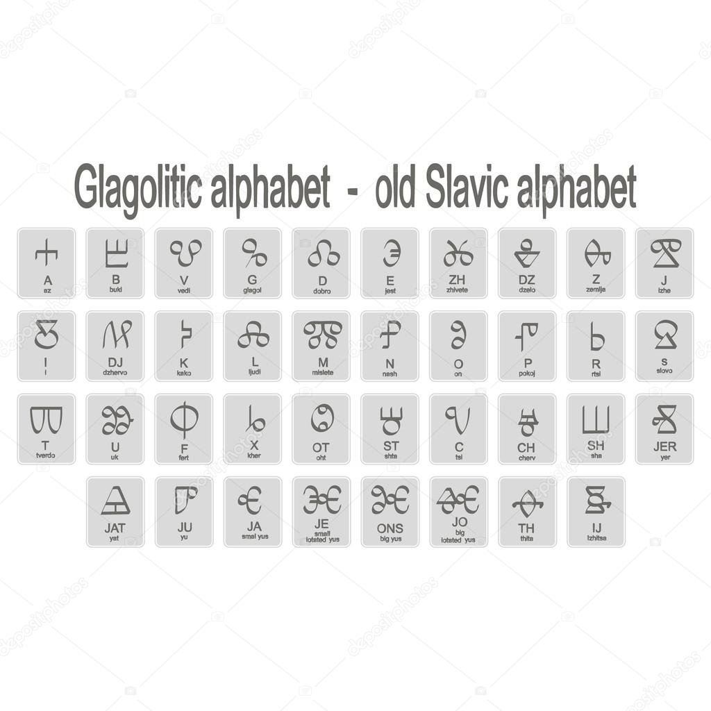 Set of monochrome icons with Glagolitic old Slavic alphabet