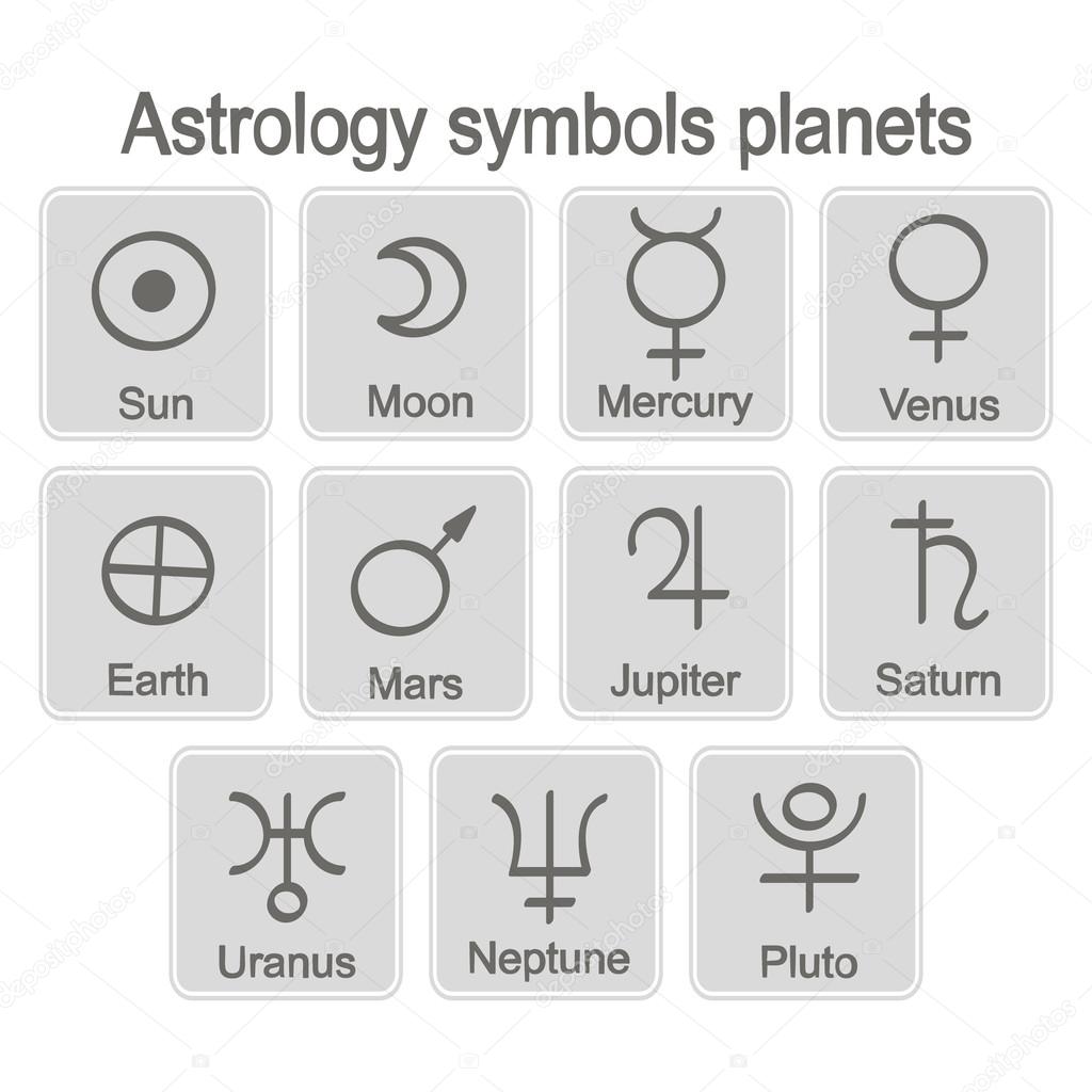 monochrome icon set with astrology symbols planets