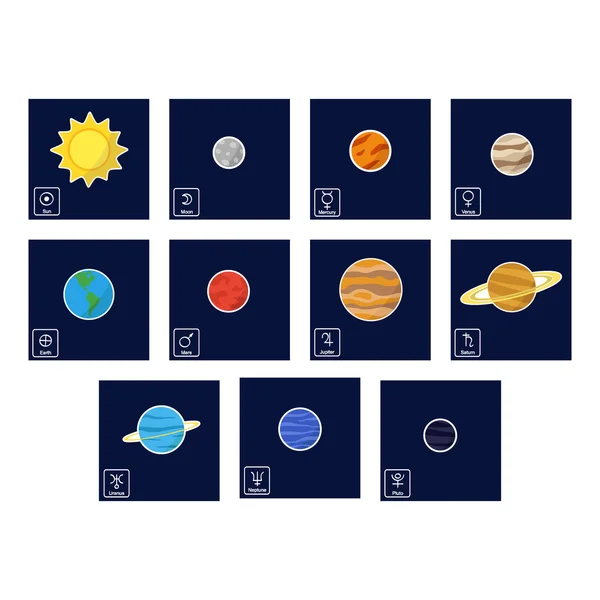 Icône sertie de Planètes et symboles astrologiques des planètes — Image vectorielle