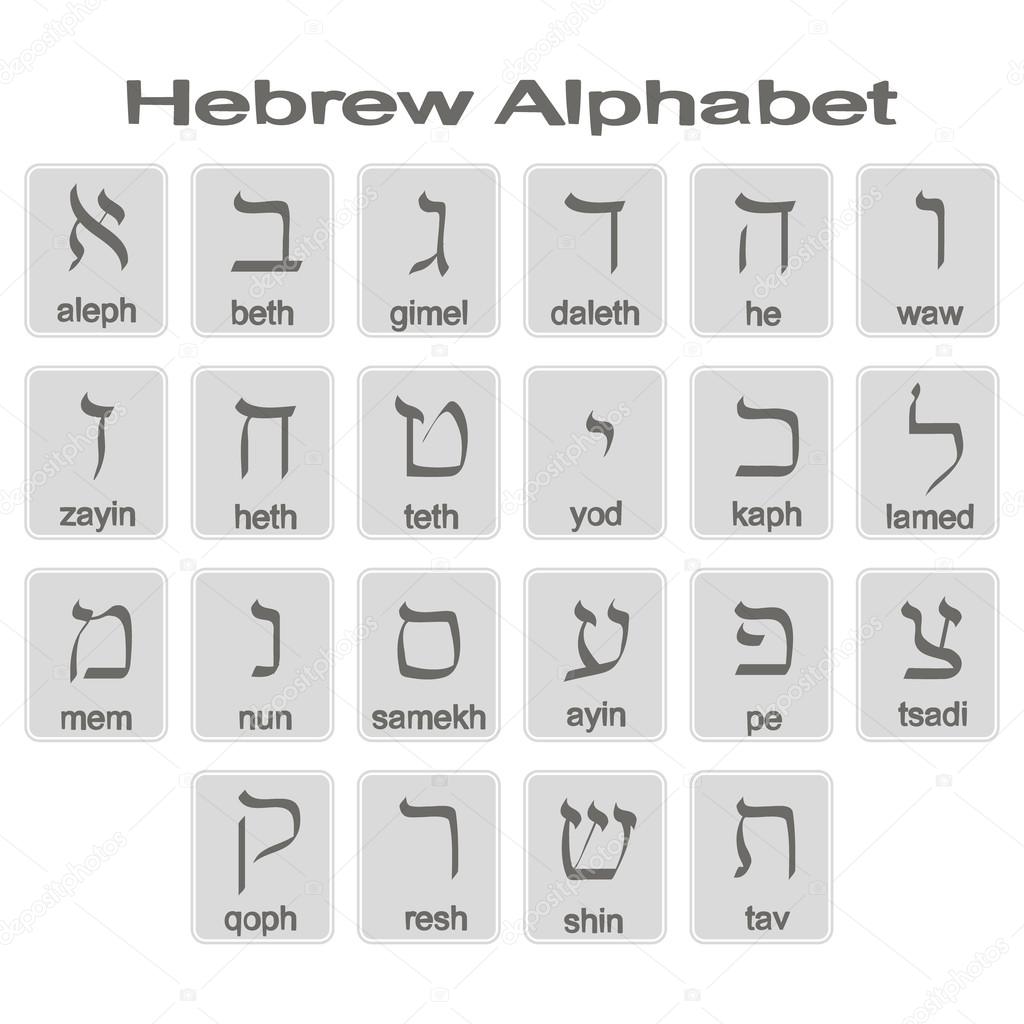 Set of monochrome icons with hebrew alphabet