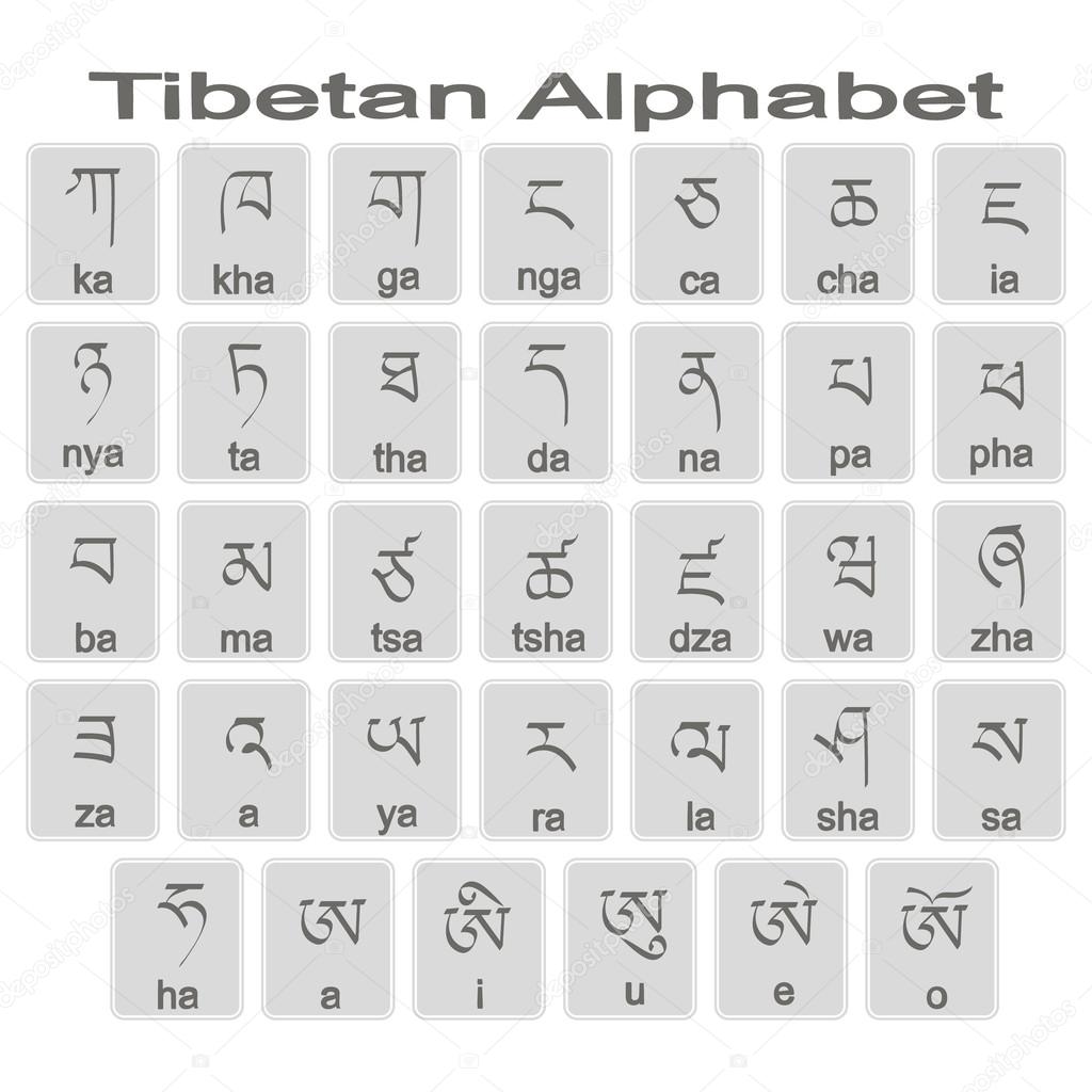 Set of monochrome icons with tibetan alphabet