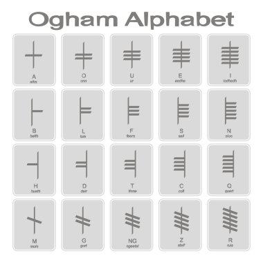 Ogham alfabesi ile tek renkli simgeler kümesi 