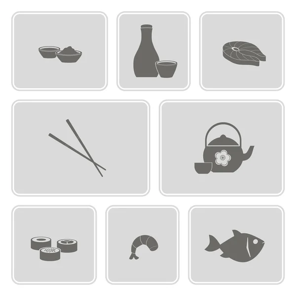 Monochroom pictogrammenset met sushi en sake — Stockvector