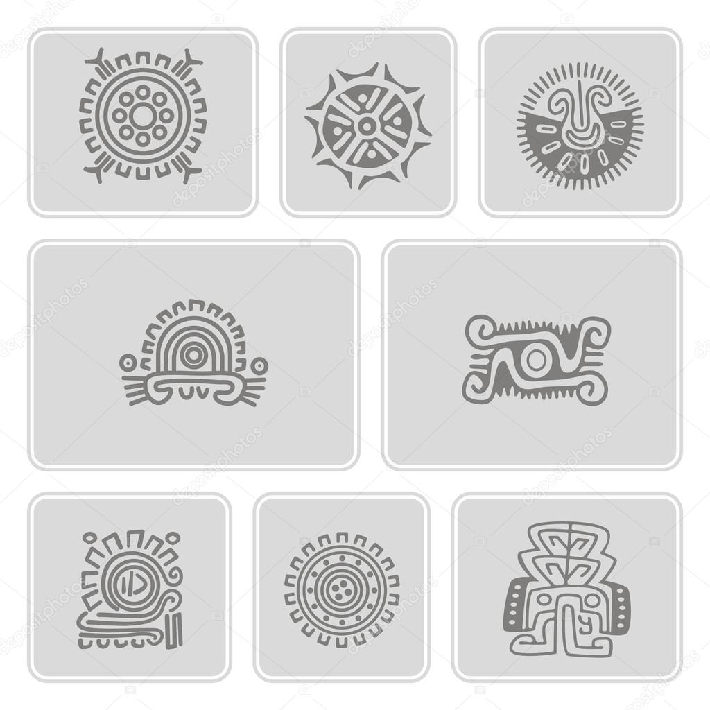 Set of monochrome icons with American Indians art  