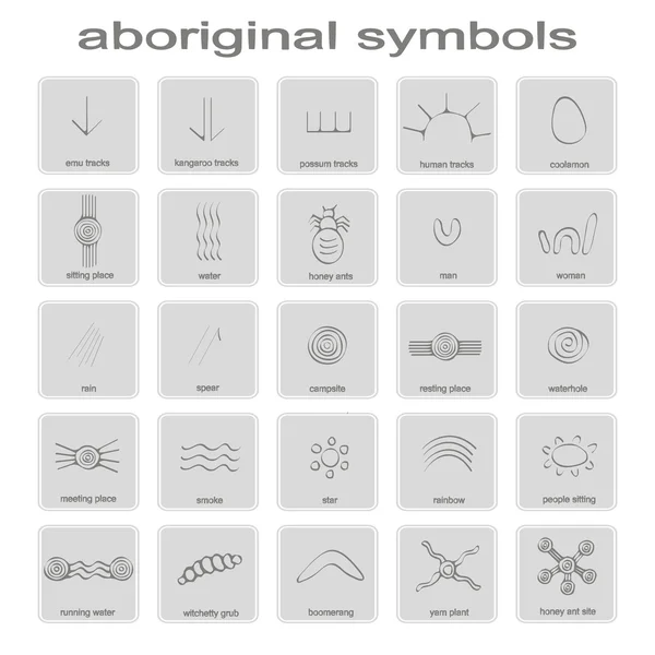 Conjunto de iconos monocromáticos con símbolos del arte aborigen australiano — Vector de stock