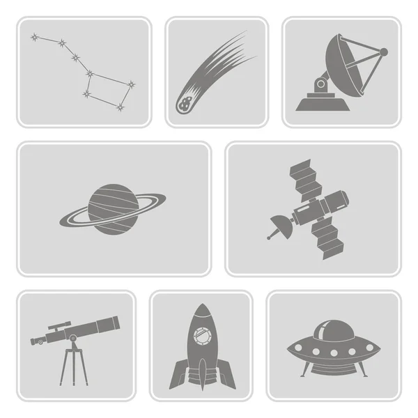 Монохромный векторный набор с астрономией и космическими иконками — стоковый вектор