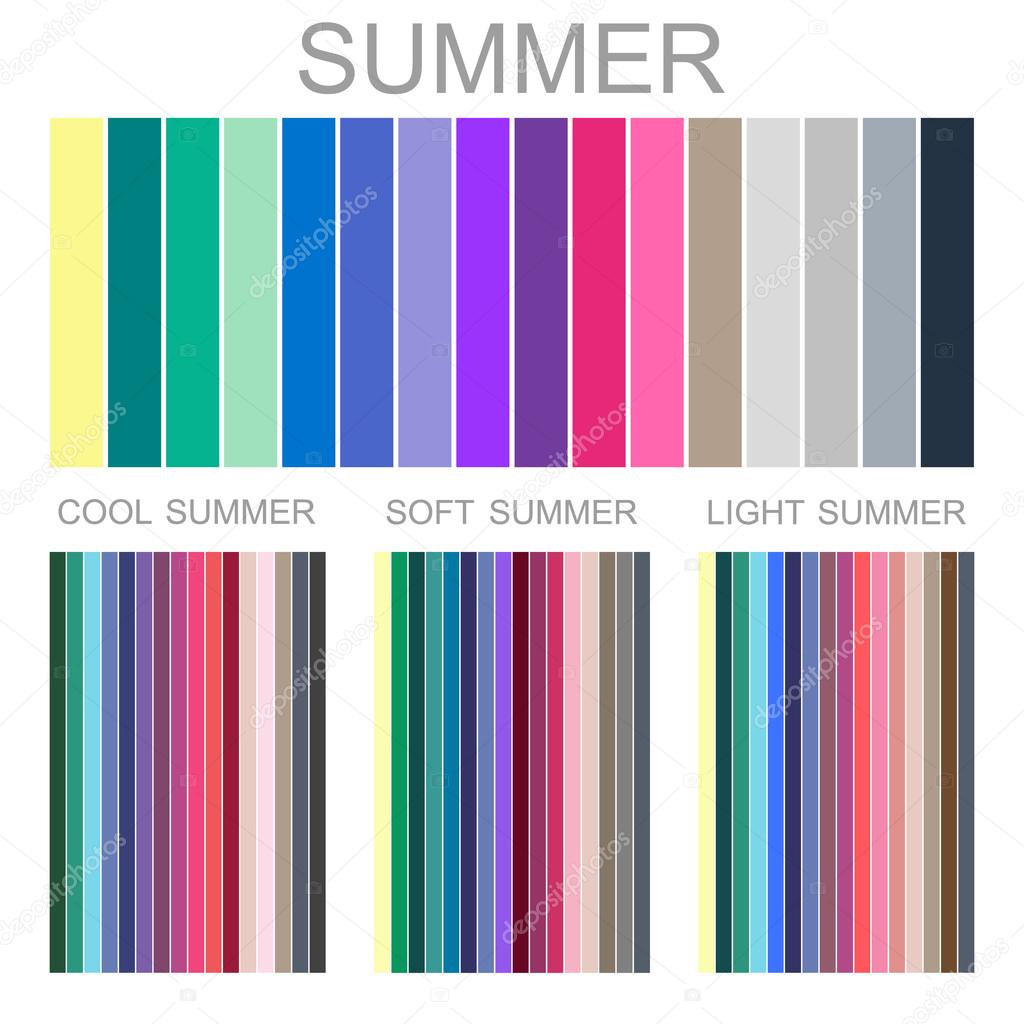 Stock vector seasonal color analysis palette for summer type of female appearance. Set of palettes for cool, soft and light summer
